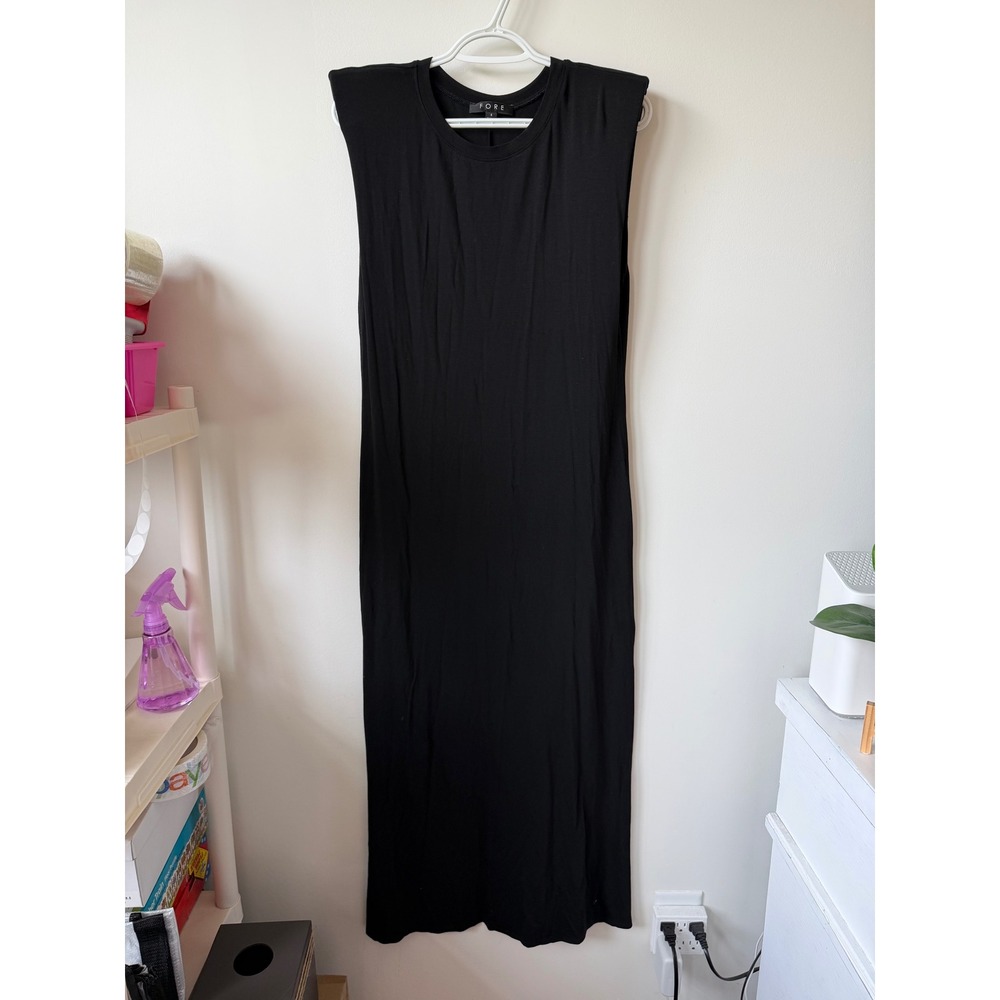 FORE Black Padded Shoulder Muscle Tank Maxi Dress Small Sleeveless Jersey Knit